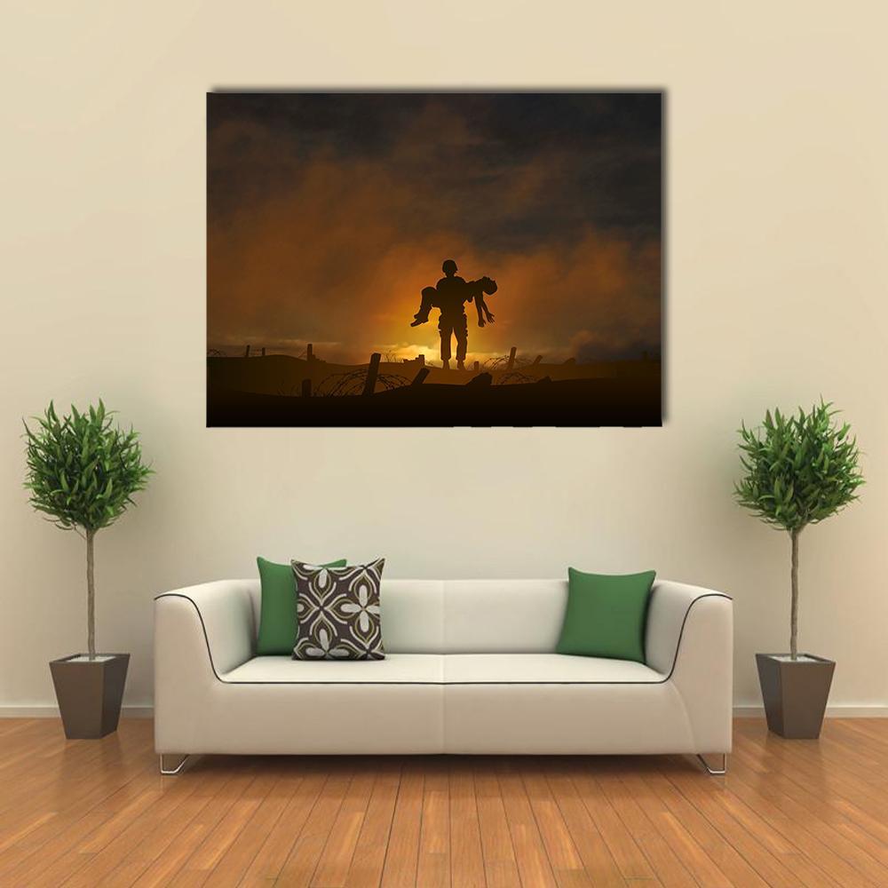 Soldier Carrying a Wounded Comrade Canvas Wall Art in black, brown and orange, single panel hung on a wall
