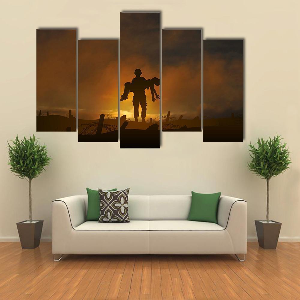 Soldier Carrying A Wounded Comrade Canvas Wall Art-5 Pop-Gallery Wrap-47" x 32"-Tiaracle