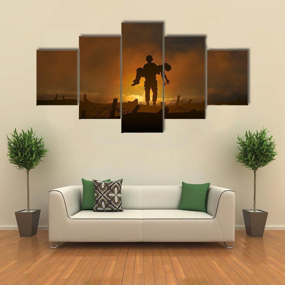 Soldier Carrying A Wounded Comrade Canvas Wall Art-5 Star-Gallery Wrap-62" x 32"-Tiaracle