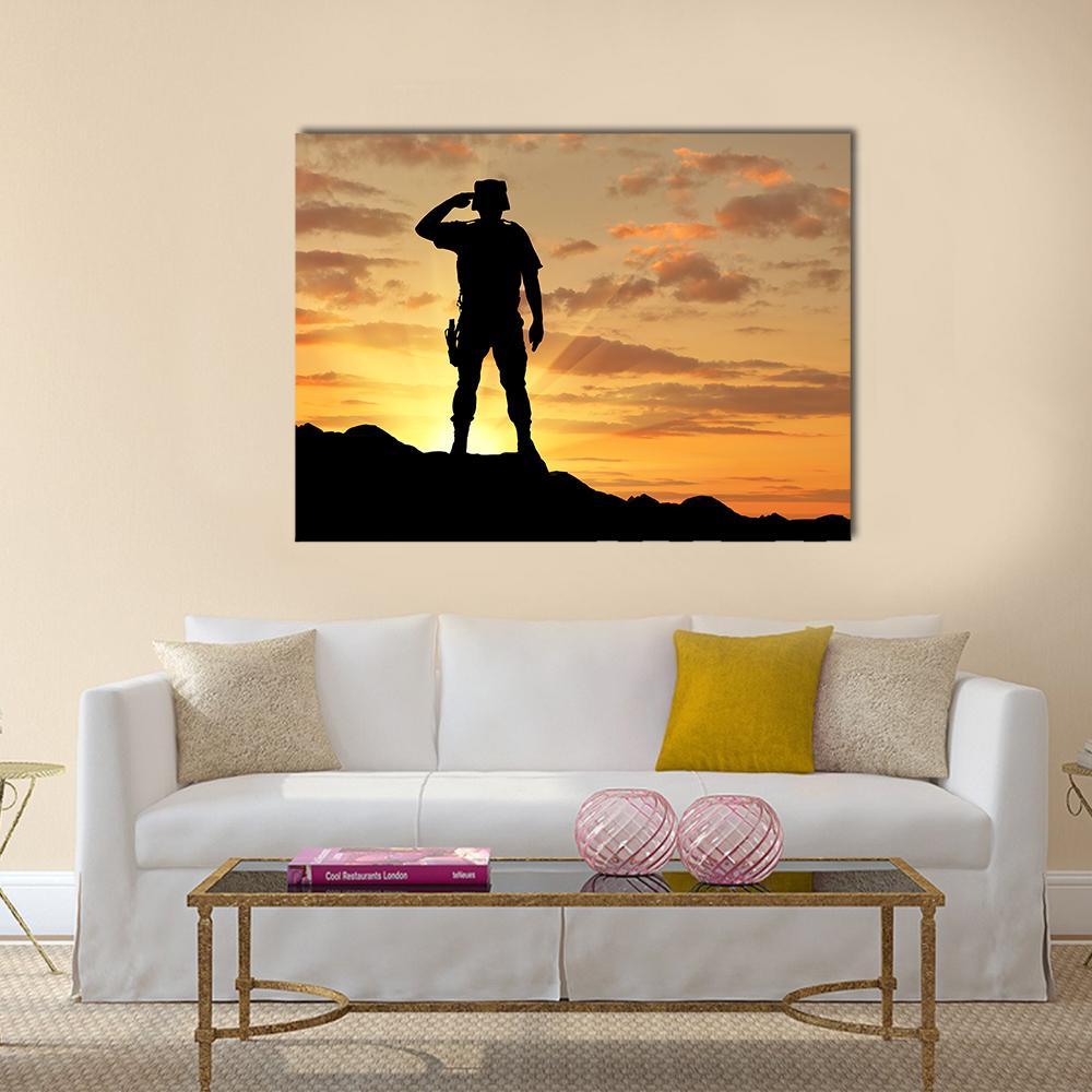 Soldier Salutes At The Sunset Canvas Wall Art-1 Piece-Gallery Wrap-36" x 24"-Tiaracle