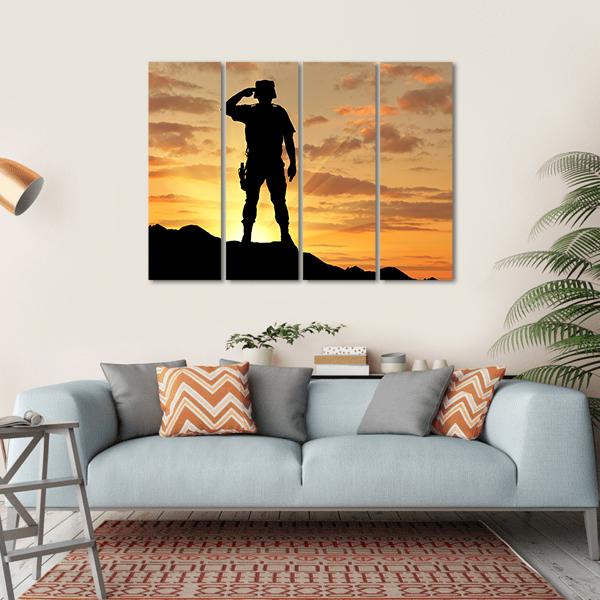 Soldier Salutes At The Sunset Canvas Wall Art-4 Horizontal-Gallery Wrap-34" x 24"-Tiaracle