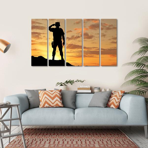 Soldier Salutes At The Sunset Canvas Wall Art-5 Horizontal-Gallery Wrap-22" x 12"-Tiaracle