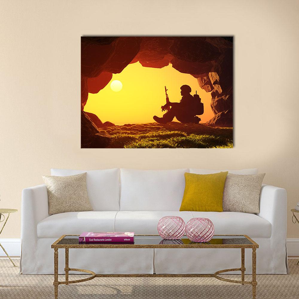 Soldier Silhouette in Cave Canvas Wall Art in black, orange and yellow, single panel hung on a wall