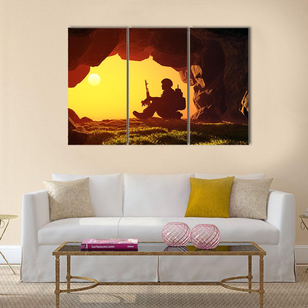 Soldier Silhouette In A Cave Canvas Wall Art-3 Horizontal-Gallery Wrap-25" x 16"-Tiaracle