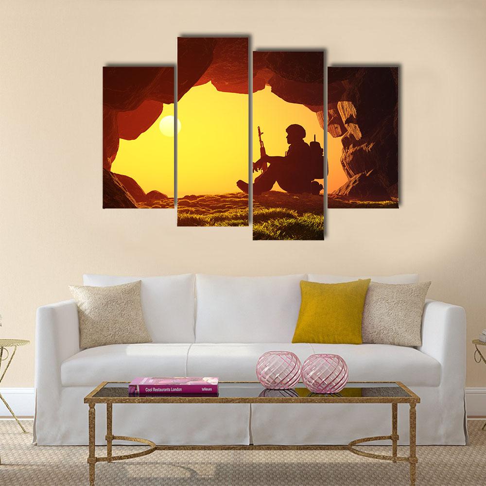 Soldier Silhouette In A Cave Canvas Wall Art-4 Pop-Gallery Wrap-34" x 20"-Tiaracle