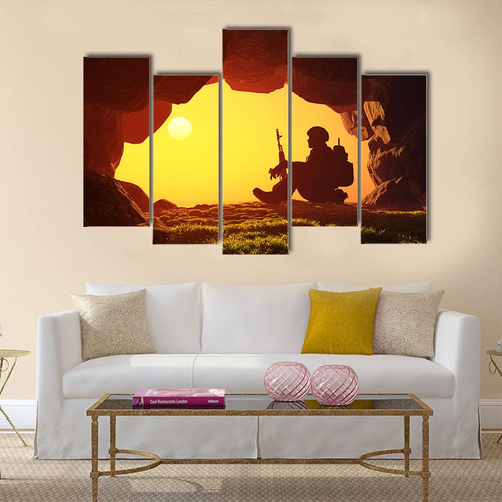 Soldier Silhouette In A Cave Canvas Wall Art-5 Pop-Gallery Wrap-32" x 21"-Tiaracle