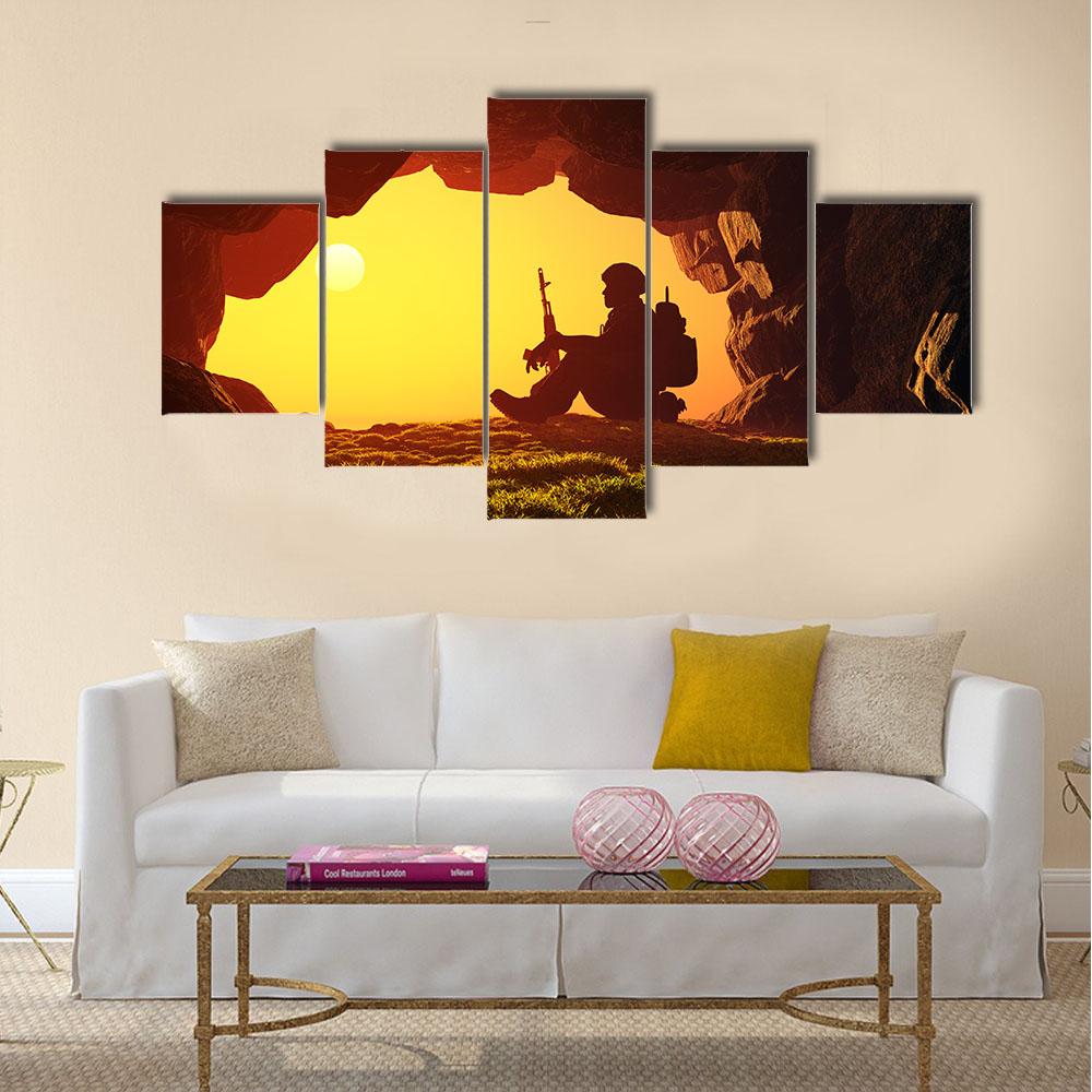 Soldier Silhouette In A Cave Canvas Wall Art-5 Star-Gallery Wrap-42" x 21"-Tiaracle