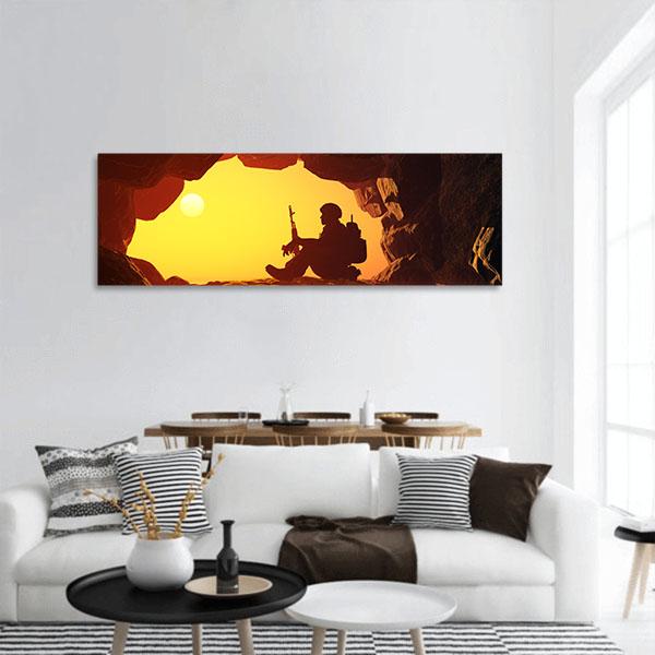 Soldier Silhouette In A Cave Panoramic Canvas Wall Art-1 Piece-36" x 12"-Tiaracle