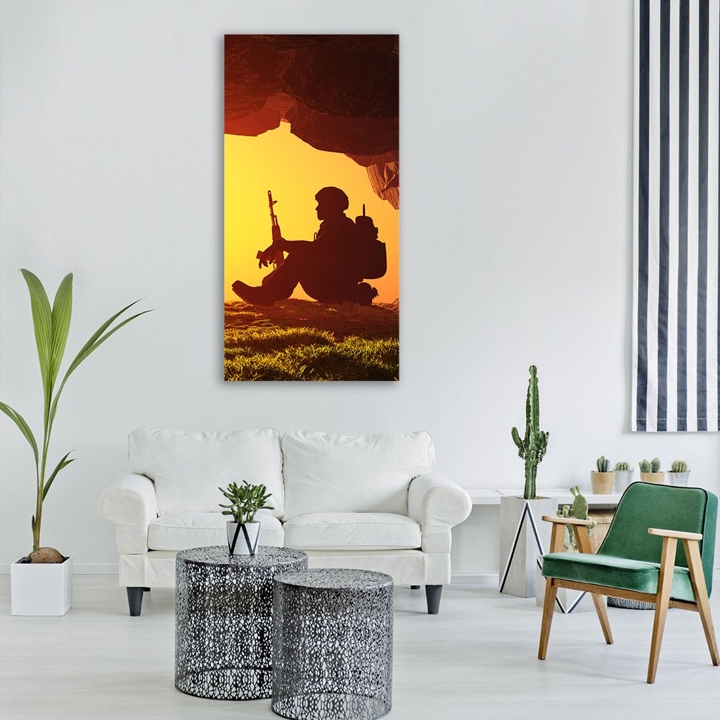 Soldier Silhouette In A Cave Vertical Canvas Wall Art-1 Vertical-Gallery Wrap-12" x 24"-Tiaracle