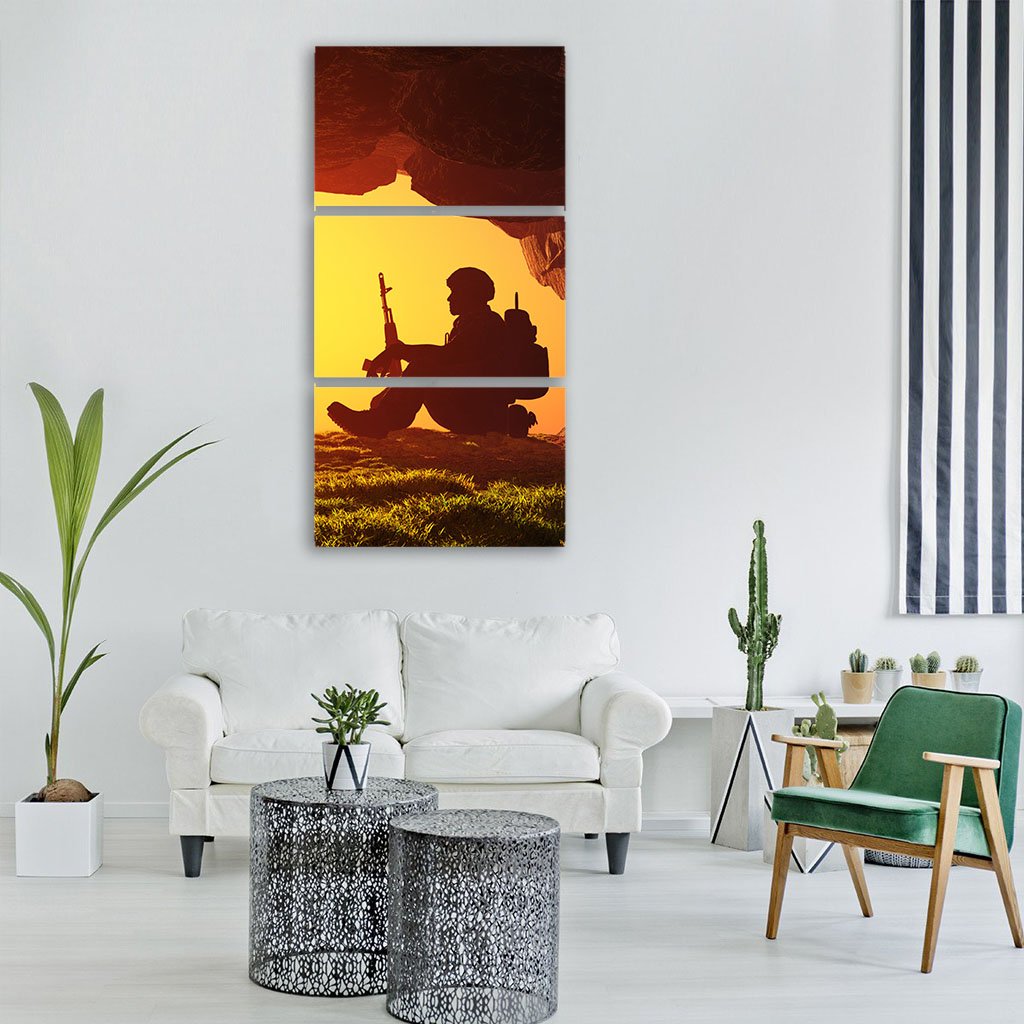 Soldier Silhouette In A Cave Vertical Canvas Wall Art-3 Vertical-Gallery Wrap-12" x 25"-Tiaracle