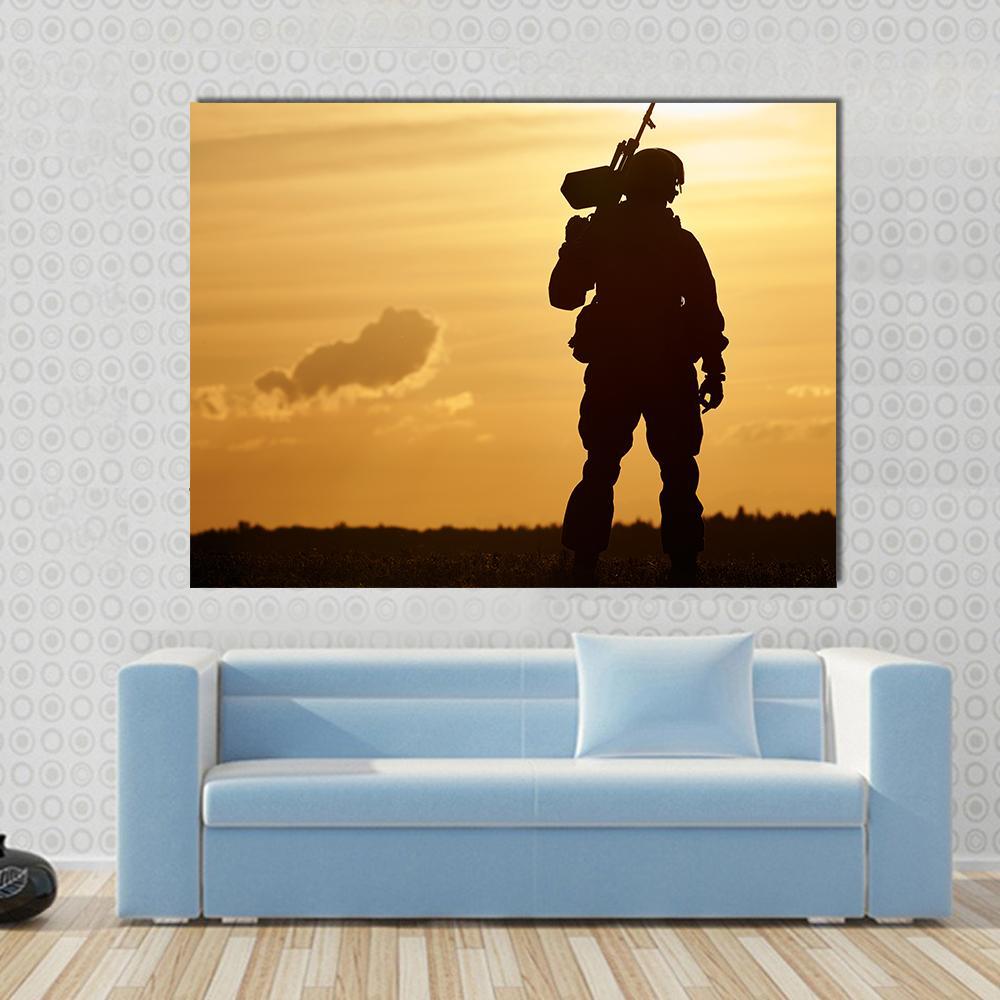 Soldier Silhouette With Machine Gun At Summer Evening Sunset Canvas Wall Art-1 Piece-Gallery Wrap-36" x 24"-Tiaracle