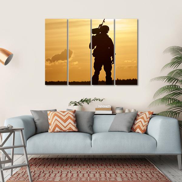 Soldier Silhouette With Machine Gun At Summer Evening Sunset Canvas Wall Art-4 Horizontal-Gallery Wrap-34" x 24"-Tiaracle