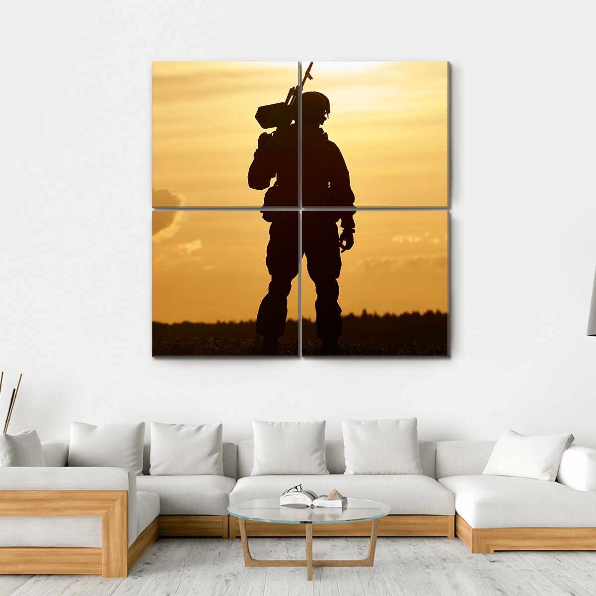 Soldier Silhouette With Machine Gun At Summer Evening Sunset Canvas Wall Art-4 Square-Gallery Wrap-17" x 17"-Tiaracle