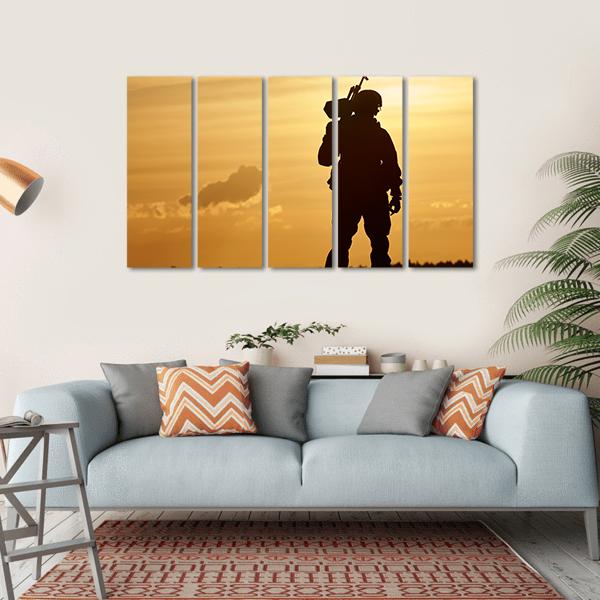 Soldier Silhouette With Machine Gun At Summer Evening Sunset Canvas Wall Art-5 Horizontal-Gallery Wrap-22" x 12"-Tiaracle