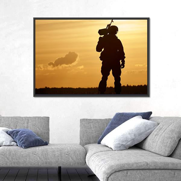 Soldier Silhouette With Machine Gun At Summer Evening Sunset Canvas Wall Art-5 Horizontal-Gallery Wrap-22" x 12"-Tiaracle