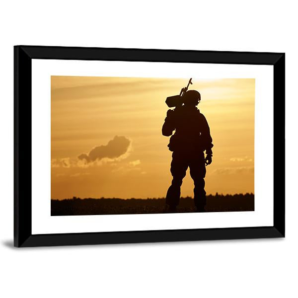 Soldier Silhouette With Machine Gun At Summer Evening Sunset Canvas Wall Art-5 Horizontal-Gallery Wrap-22" x 12"-Tiaracle