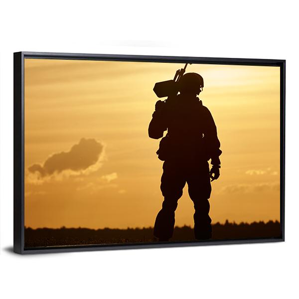 Soldier Silhouette With Machine Gun At Summer Evening Sunset Canvas Wall Art-5 Horizontal-Gallery Wrap-22" x 12"-Tiaracle