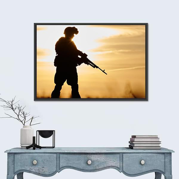 Soldier Silhouette With Machine Gun Canvas Wall Art-1 Piece-Floating Frame-24" x 16"-Tiaracle