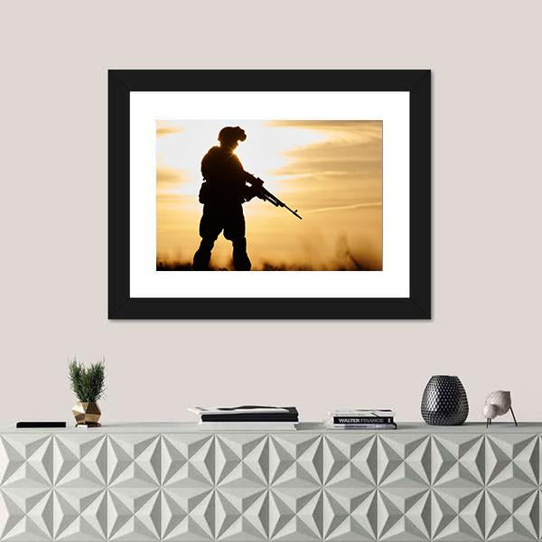 Soldier Silhouette With Machine Gun Canvas Wall Art-1 Piece-Framed Print-20" x 16"-Tiaracle