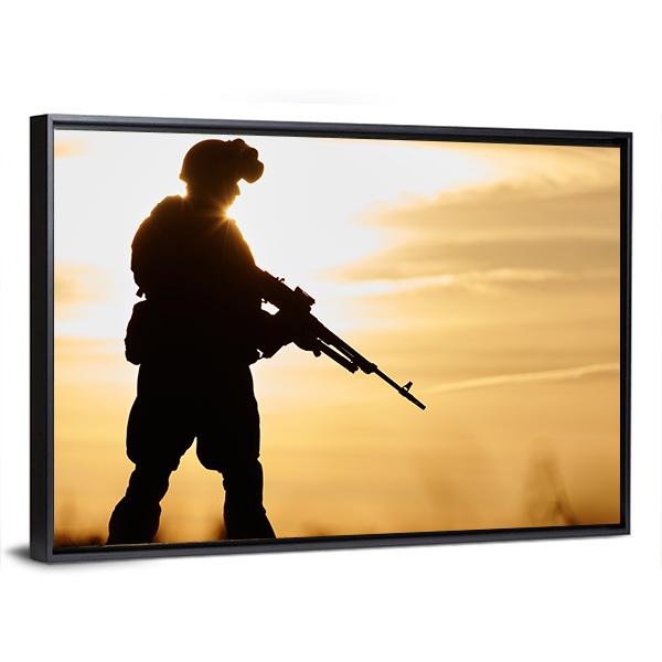 Soldier Silhouette With Machine Gun Canvas Wall Art-3 Horizontal-Gallery Wrap-25" x 16"-Tiaracle