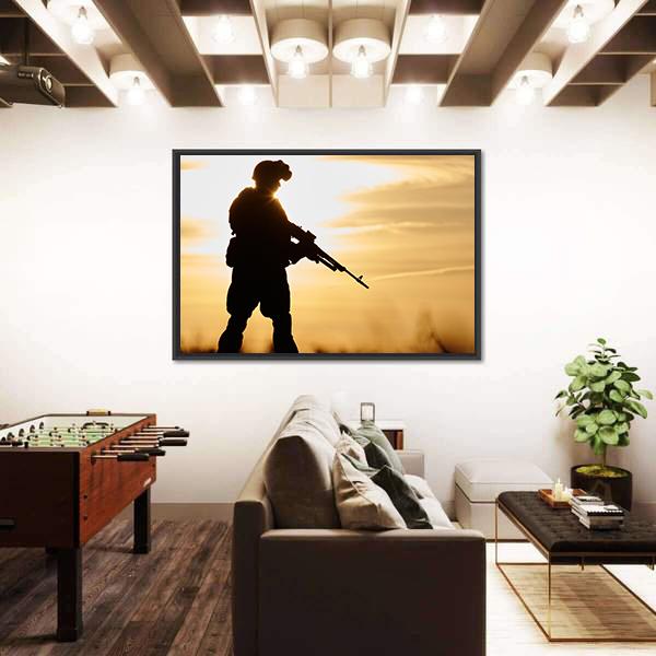 Soldier Silhouette With Machine Gun Canvas Wall Art-3 Horizontal-Gallery Wrap-25" x 16"-Tiaracle