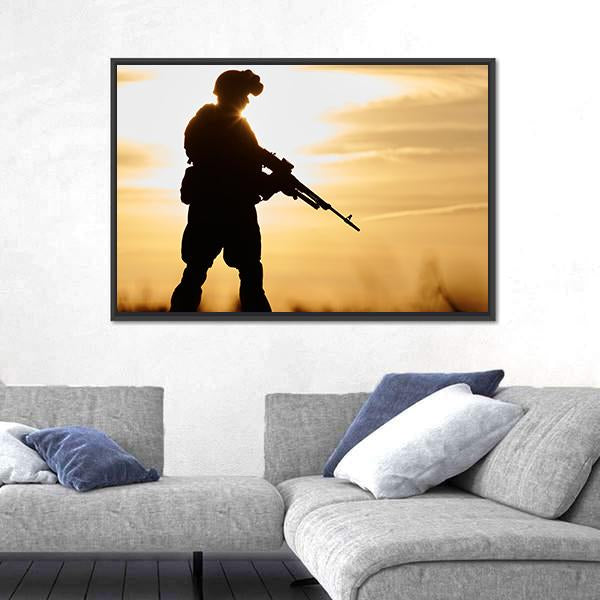 Soldier Silhouette With Machine Gun Canvas Wall Art-3 Horizontal-Gallery Wrap-25" x 16"-Tiaracle