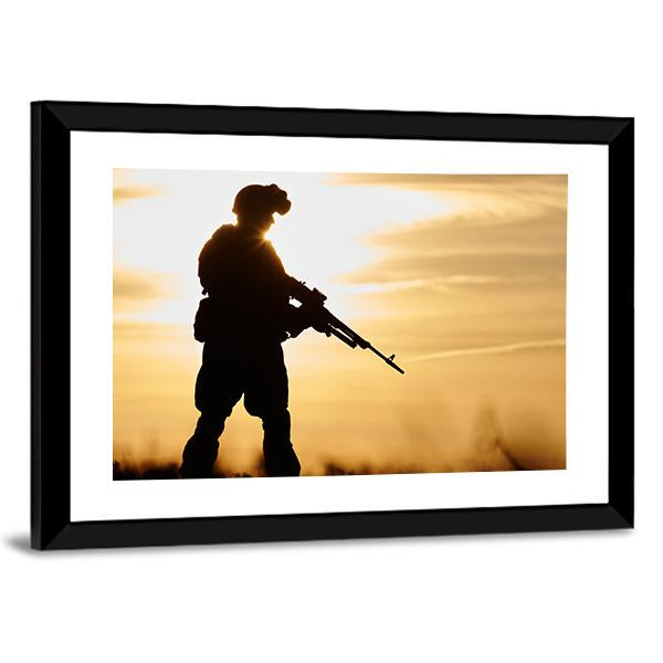 Soldier Silhouette With Machine Gun Canvas Wall Art-3 Horizontal-Gallery Wrap-25" x 16"-Tiaracle