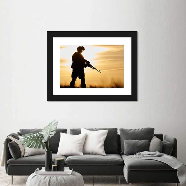 Soldier Silhouette With Machine Gun Canvas Wall Art-3 Horizontal-Gallery Wrap-25" x 16"-Tiaracle