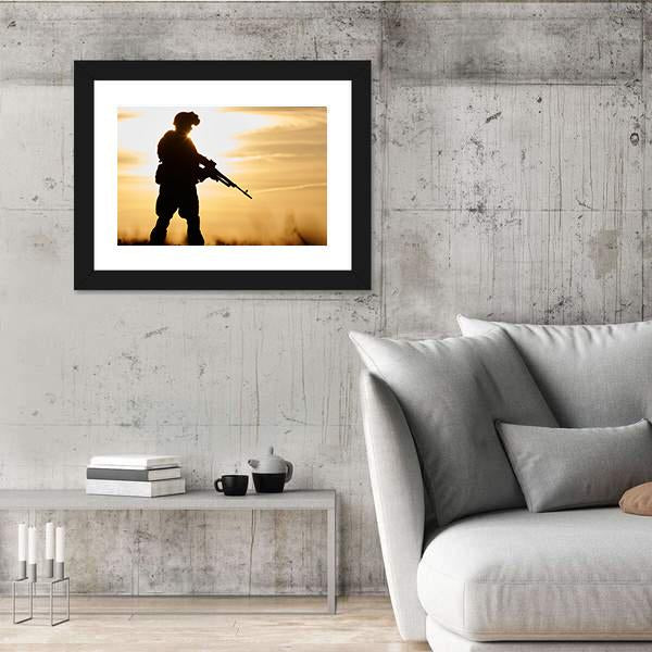 Soldier Silhouette With Machine Gun Canvas Wall Art-3 Horizontal-Gallery Wrap-25" x 16"-Tiaracle