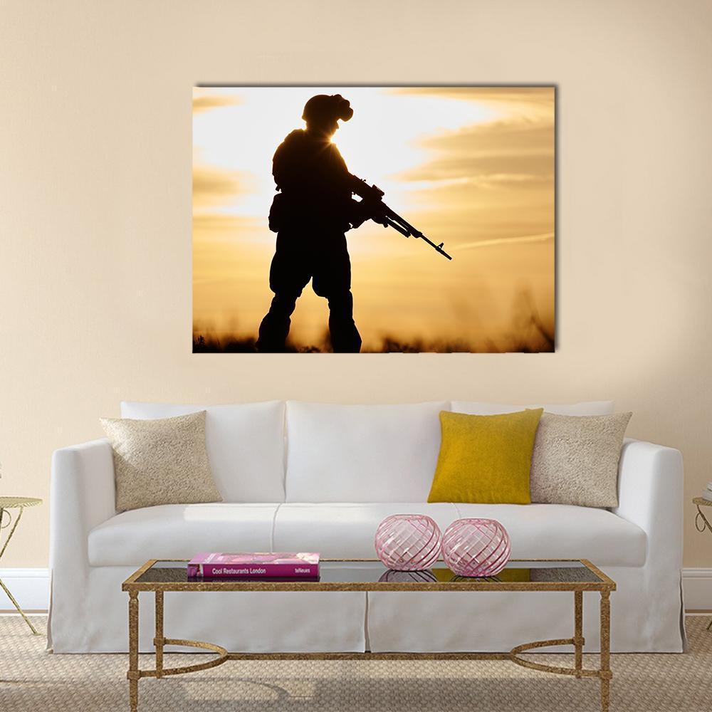 Soldier Silhouette With Machine Gun Canvas Wall Art-1 Piece-Gallery Wrap-48" x 32"-Tiaracle