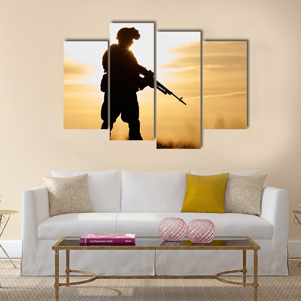 Soldier Silhouette With Machine Gun Canvas Wall Art-4 Pop-Gallery Wrap-50" x 32"-Tiaracle