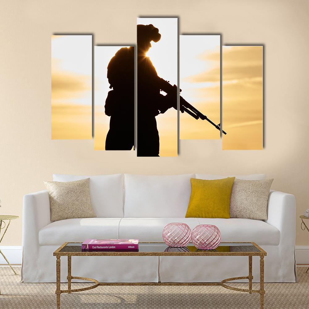 Soldier Silhouette With Machine Gun Canvas Wall Art-5 Pop-Gallery Wrap-47" x 32"-Tiaracle
