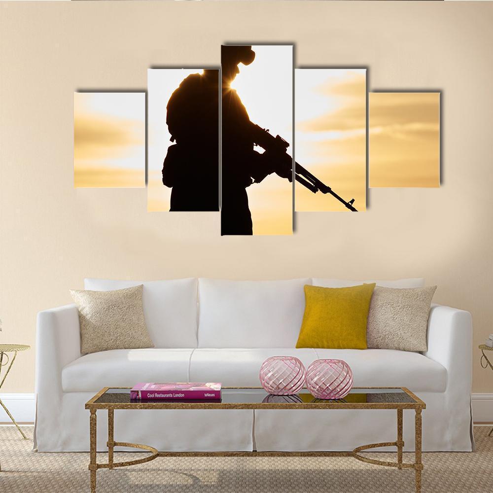 Soldier Silhouette With Machine Gun Canvas Wall Art-5 Star-Gallery Wrap-62" x 32"-Tiaracle
