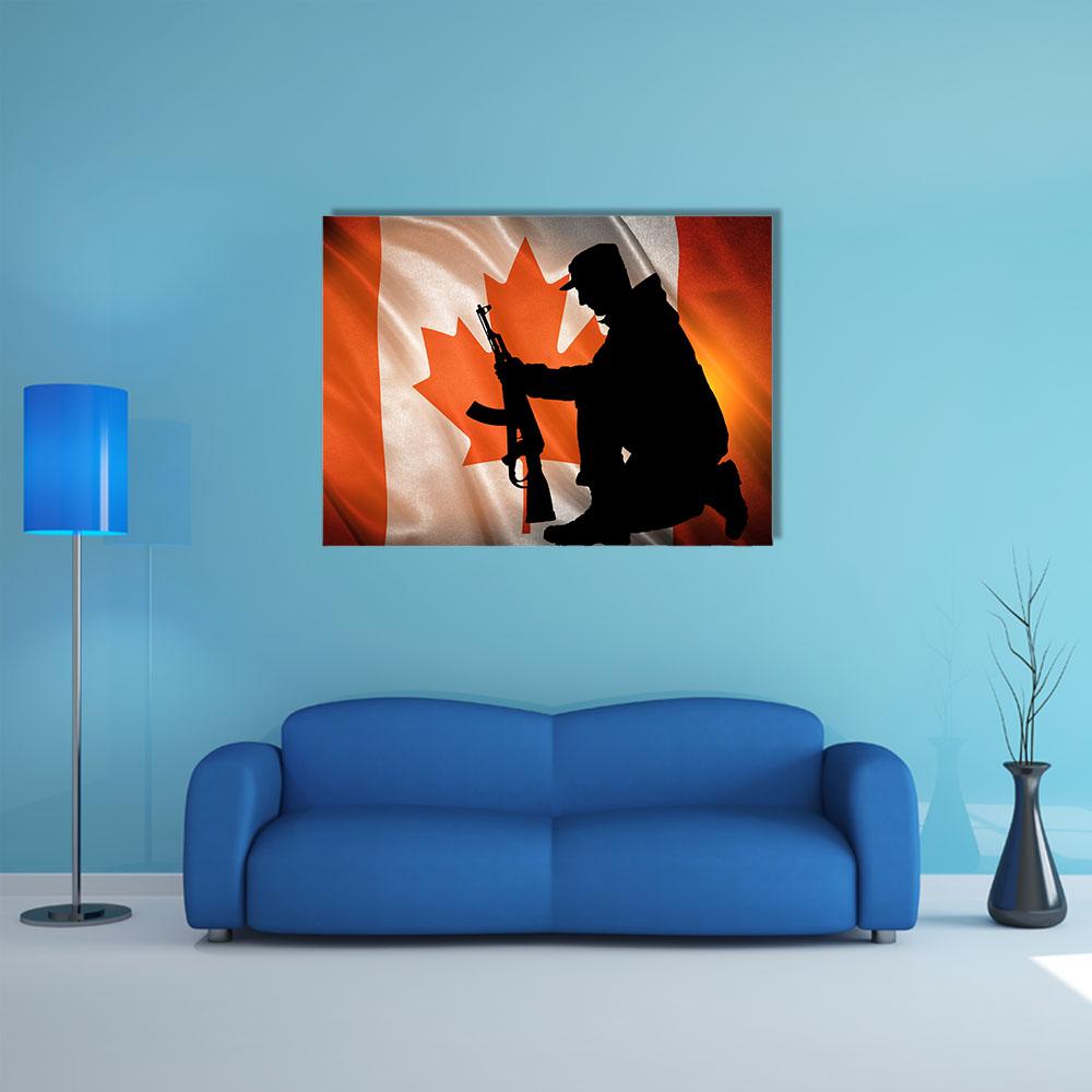 Soldier With A Gun And Canada Flag Canvas Wall Art-1 Piece-Gallery Wrap-36" x 24"-Tiaracle