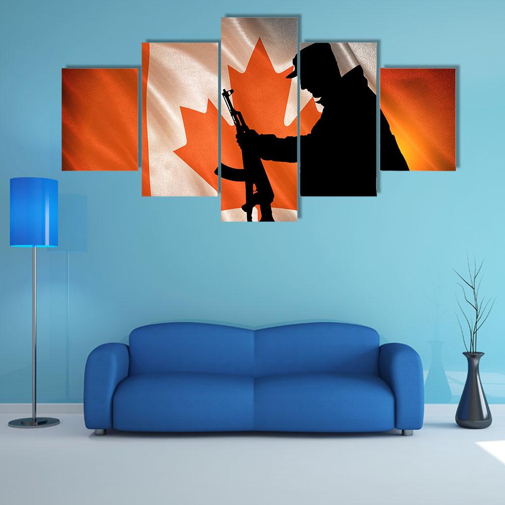 Soldier With A Gun And Canada Flag Canvas Wall Art-5 Star-Gallery Wrap-42" x 21"-Tiaracle