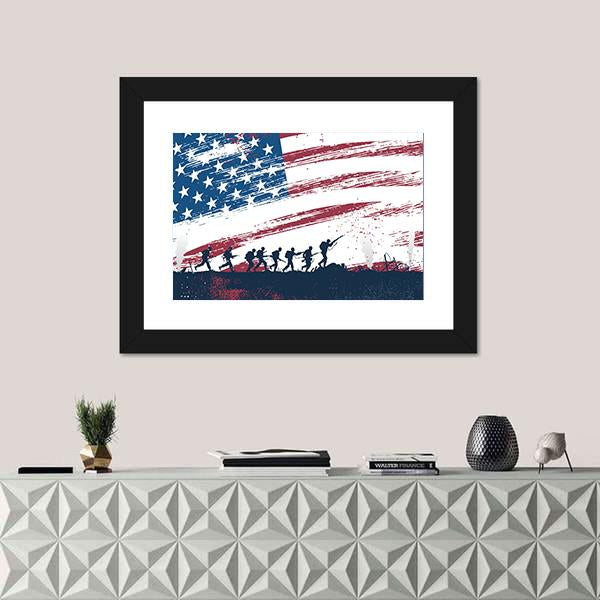 Soldiers Fighting At War With American Flag Canvas Wall Art-1 Piece-Framed Print-20" x 16"-Tiaracle