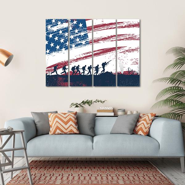Soldiers Fighting At War With American Flag Canvas Wall Art-4 Horizontal-Gallery Wrap-34" x 24"-Tiaracle