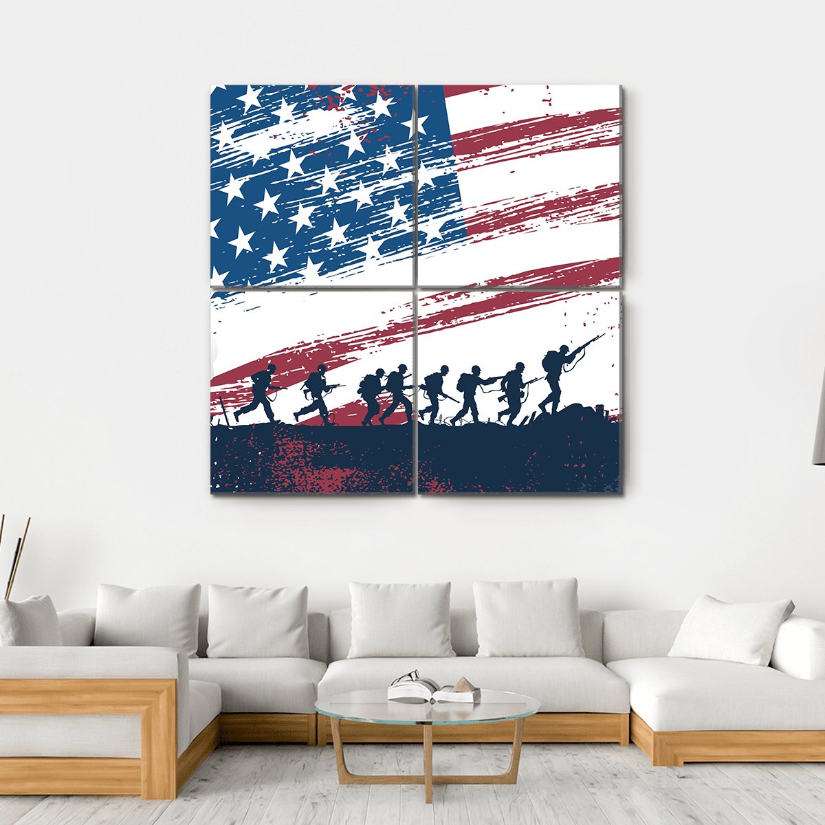 Soldiers Fighting At War With American Flag Canvas Wall Art-4 Square-Gallery Wrap-17" x 17"-Tiaracle