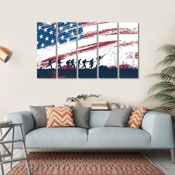 Soldiers Fighting At War With American Flag Canvas Wall Art-5 Horizontal-Gallery Wrap-22" x 12"-Tiaracle