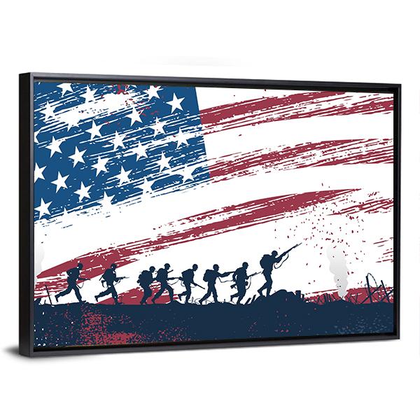 Soldiers Fighting At War With American Flag Canvas Wall Art-3 Horizontal-Gallery Wrap-25" x 16"-Tiaracle