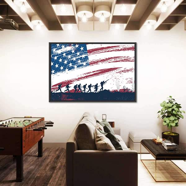 Soldiers Fighting At War With American Flag Canvas Wall Art-3 Horizontal-Gallery Wrap-25" x 16"-Tiaracle