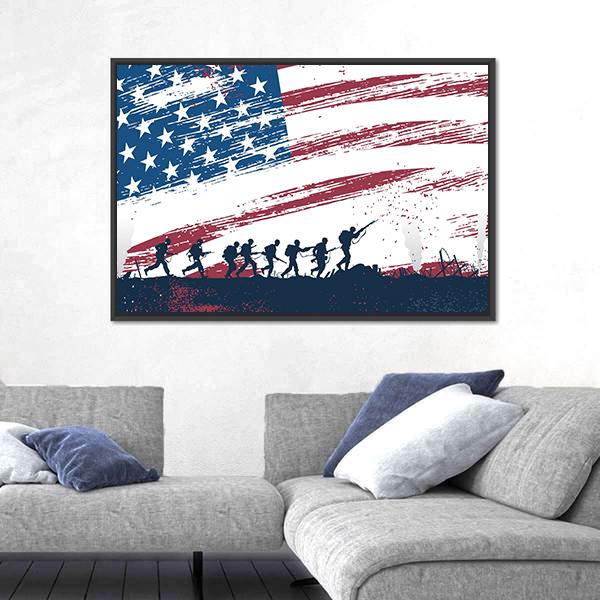 Soldiers Fighting At War With American Flag Canvas Wall Art-3 Horizontal-Gallery Wrap-25" x 16"-Tiaracle