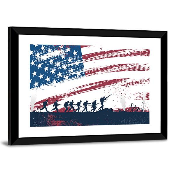 Soldiers Fighting At War With American Flag Canvas Wall Art-3 Horizontal-Gallery Wrap-25" x 16"-Tiaracle