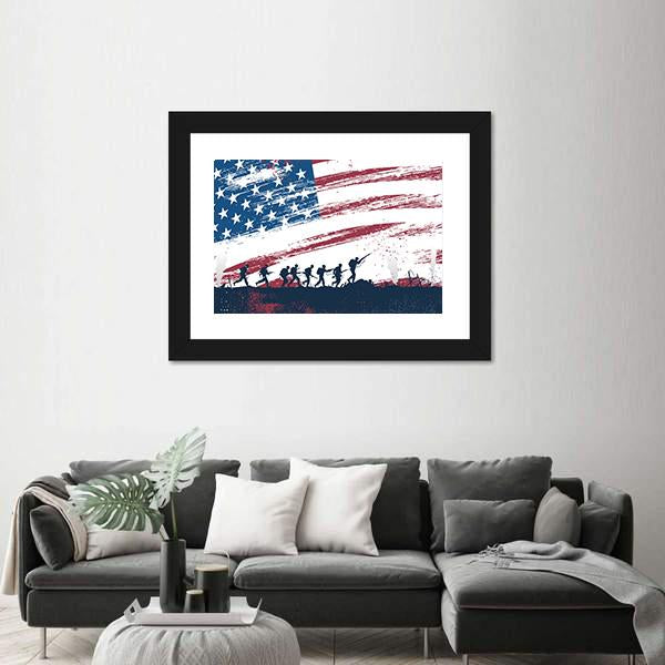 Soldiers Fighting At War With American Flag Canvas Wall Art-3 Horizontal-Gallery Wrap-25" x 16"-Tiaracle