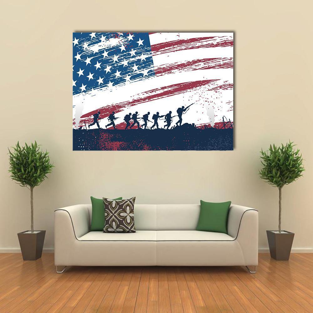 Soldiers Fighting At War With American Flag Canvas Wall Art-1 Piece-Gallery Wrap-48" x 32"-Tiaracle