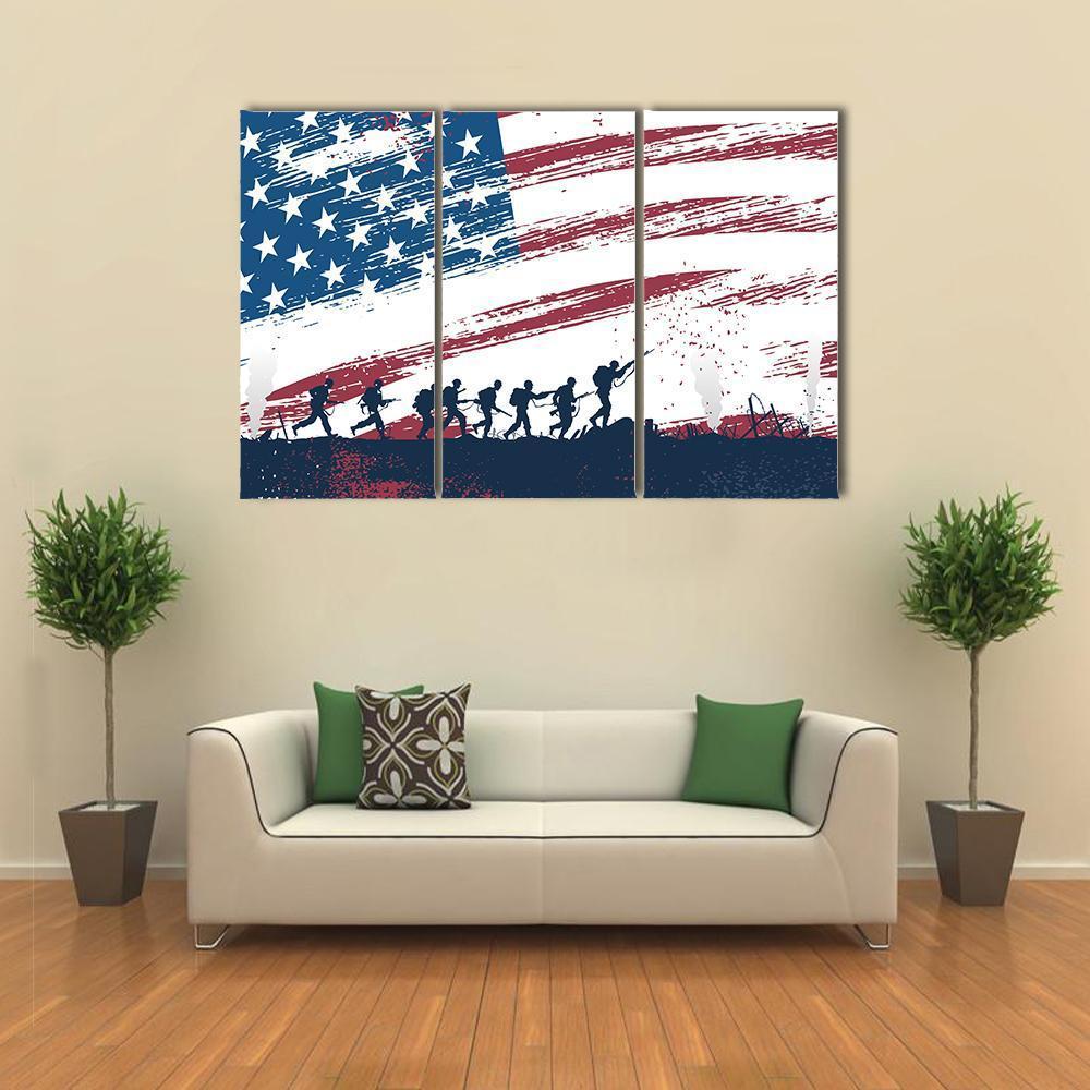 Soldiers Fighting At War With American Flag Canvas Wall Art-3 Horizontal-Gallery Wrap-37" x 24"-Tiaracle