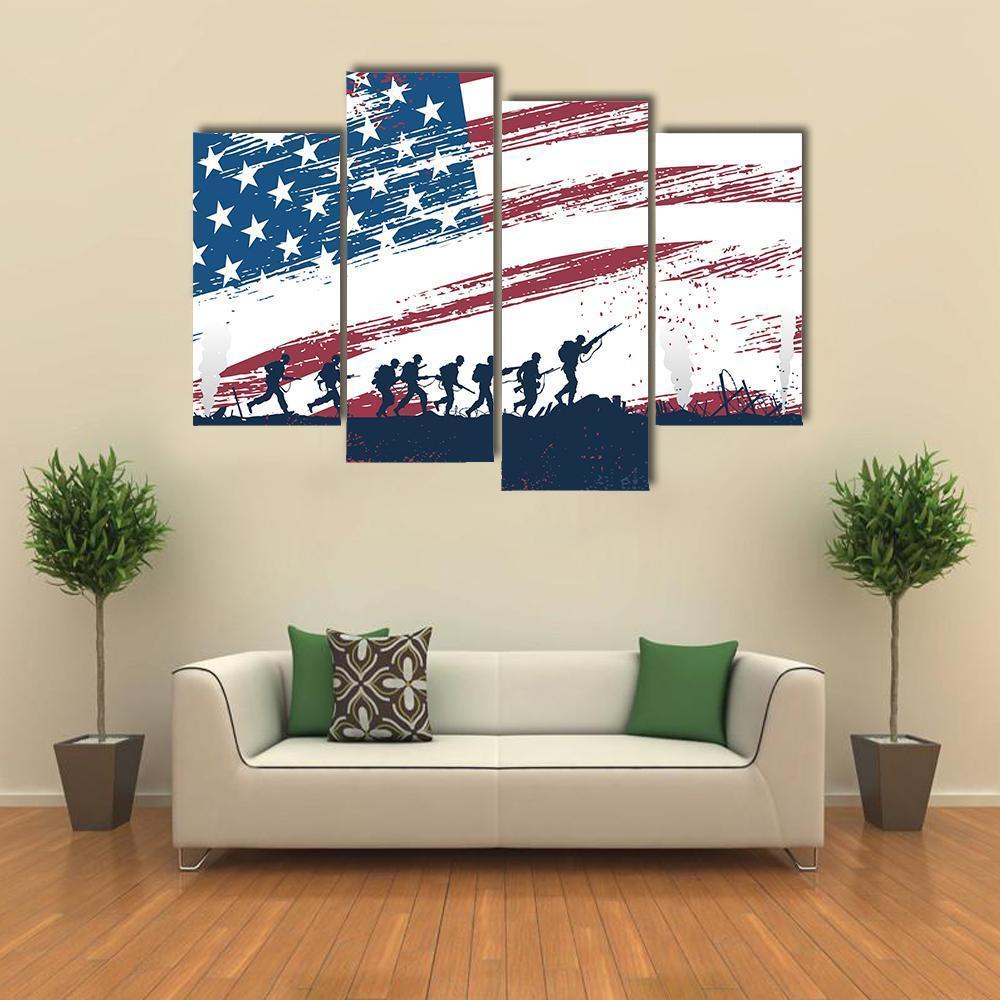 Soldiers Fighting At War With American Flag Canvas Wall Art-4 Pop-Gallery Wrap-50" x 32"-Tiaracle