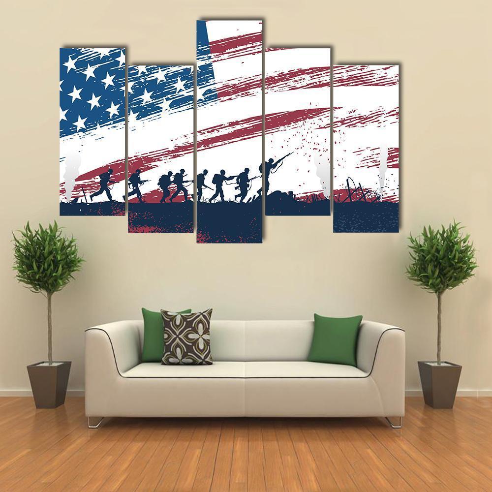 Soldiers Fighting At War With American Flag Canvas Wall Art-5 Pop-Gallery Wrap-47" x 32"-Tiaracle
