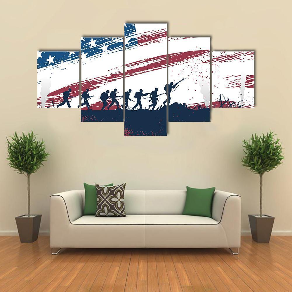Soldiers Fighting At War With American Flag Canvas Wall Art-5 Star-Gallery Wrap-62" x 32"-Tiaracle