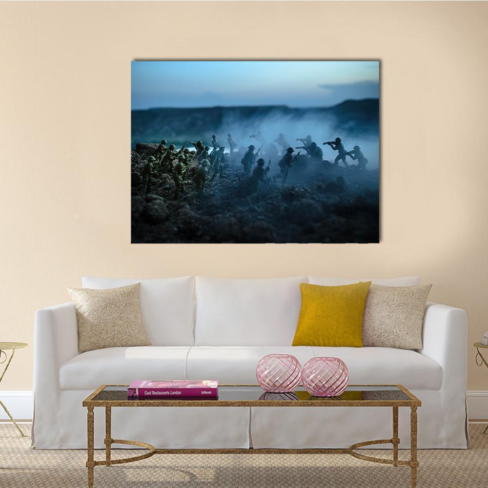 Toy Soldiers in Battle at Dusk Canvas Wall Art in black, brown and blue, single panel hung on a wall